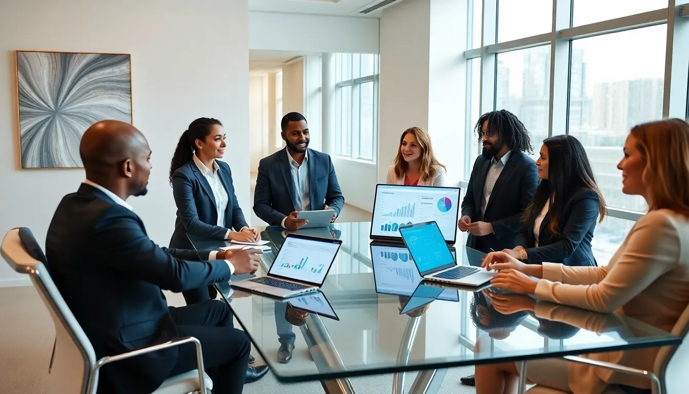 diverse team discussing data management in a modern office.